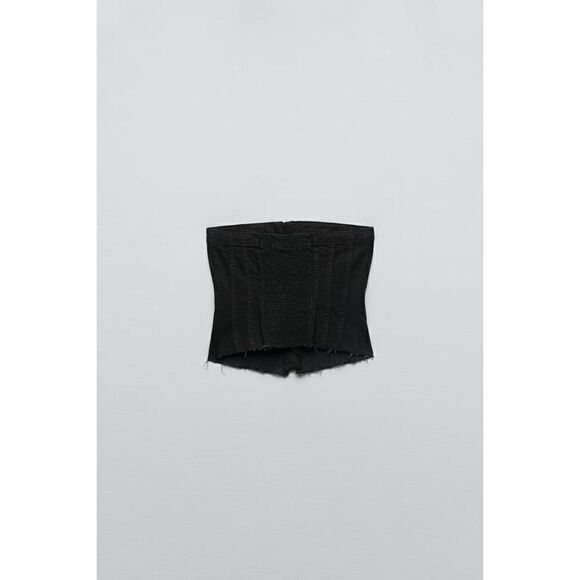 NWT Zara Black Corset Style Front Zip Closure Frayed Hem Fitted Denim Top, Large - Picture 11 of 16
